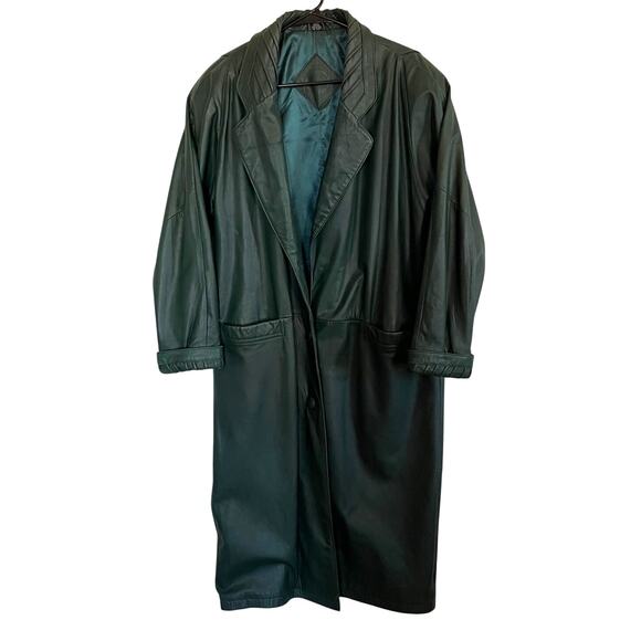 VTG Green 100% Leather Trench Coat Jacqueline Ferrar Forest Green SZ LARGE EUC - Picture 1 of 12